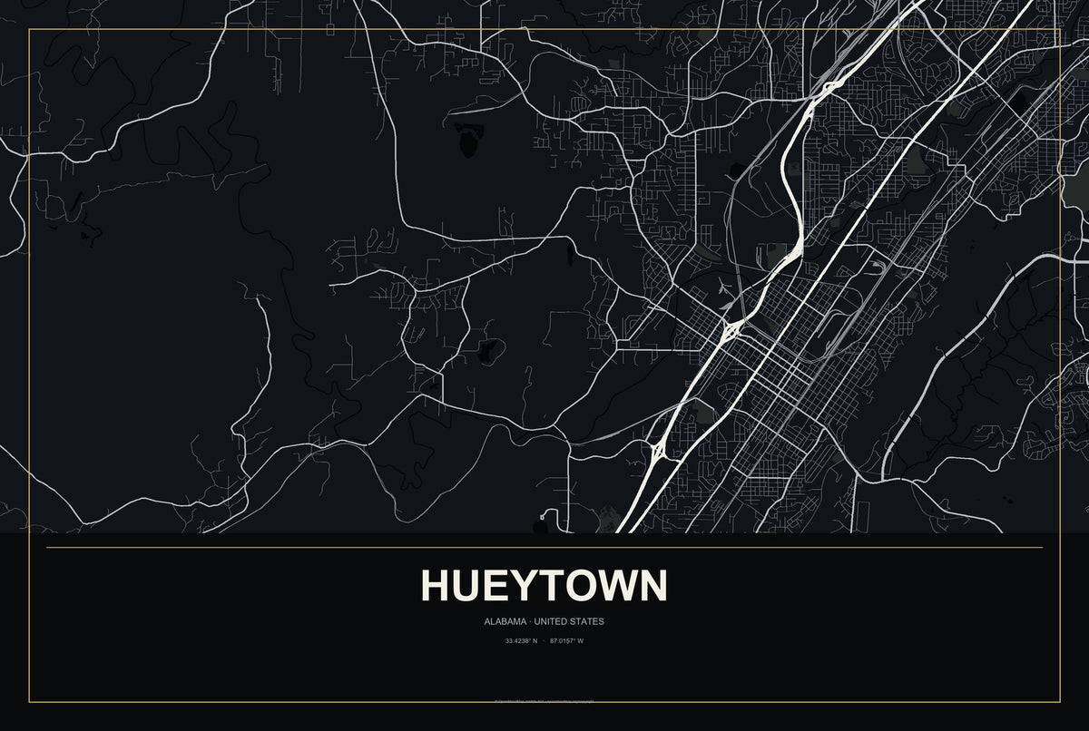 Hueytown, Alabama City Map Aluminum Sign in Metropolitan Noir style