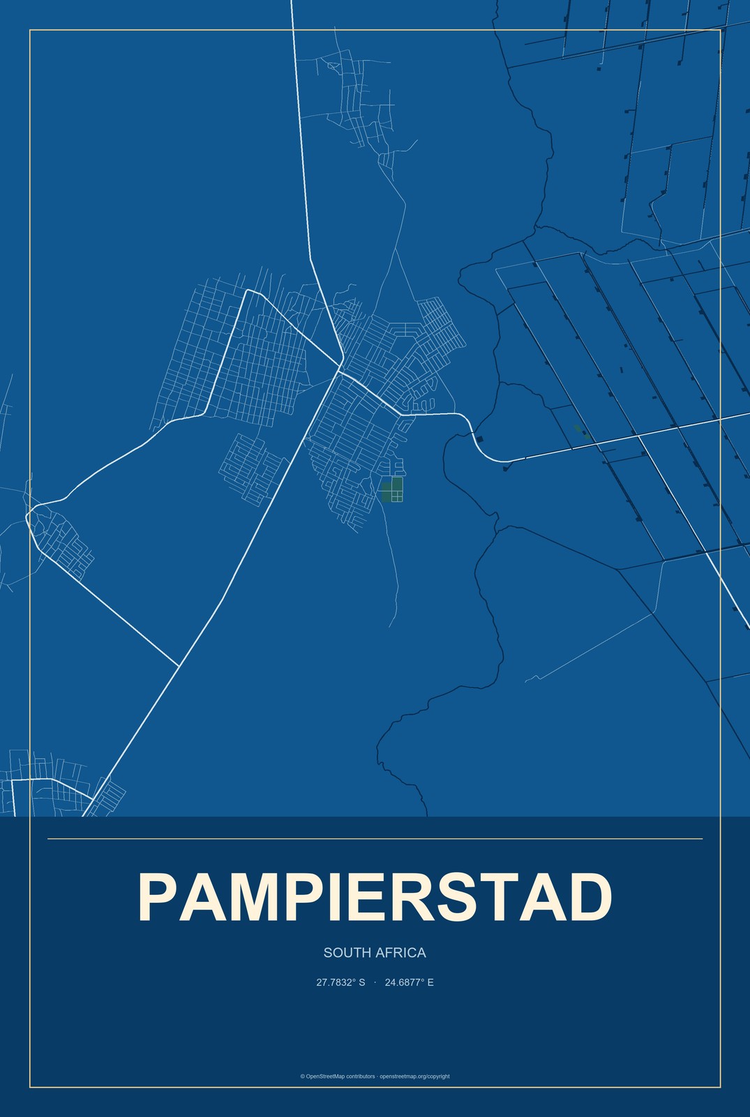 Pampierstad, South Africa City Map Aluminum Sign in Harbor Cobalt style