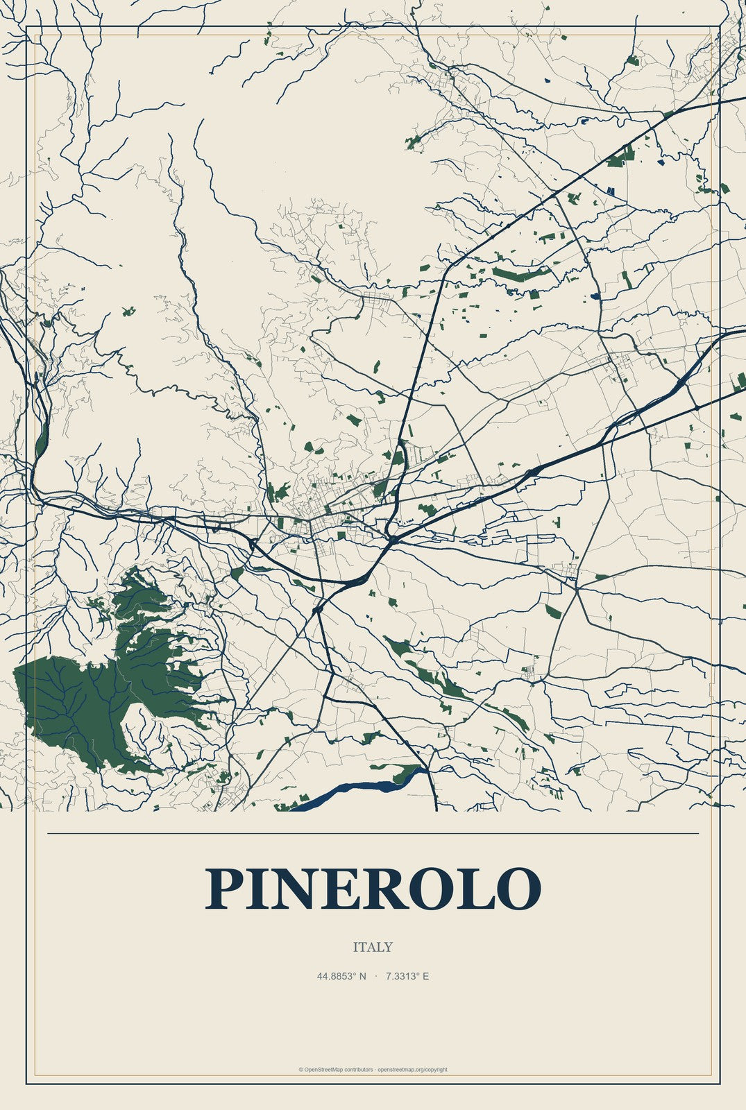 Pinerolo, Italy City Map Aluminum Sign in Coastal Cutout style