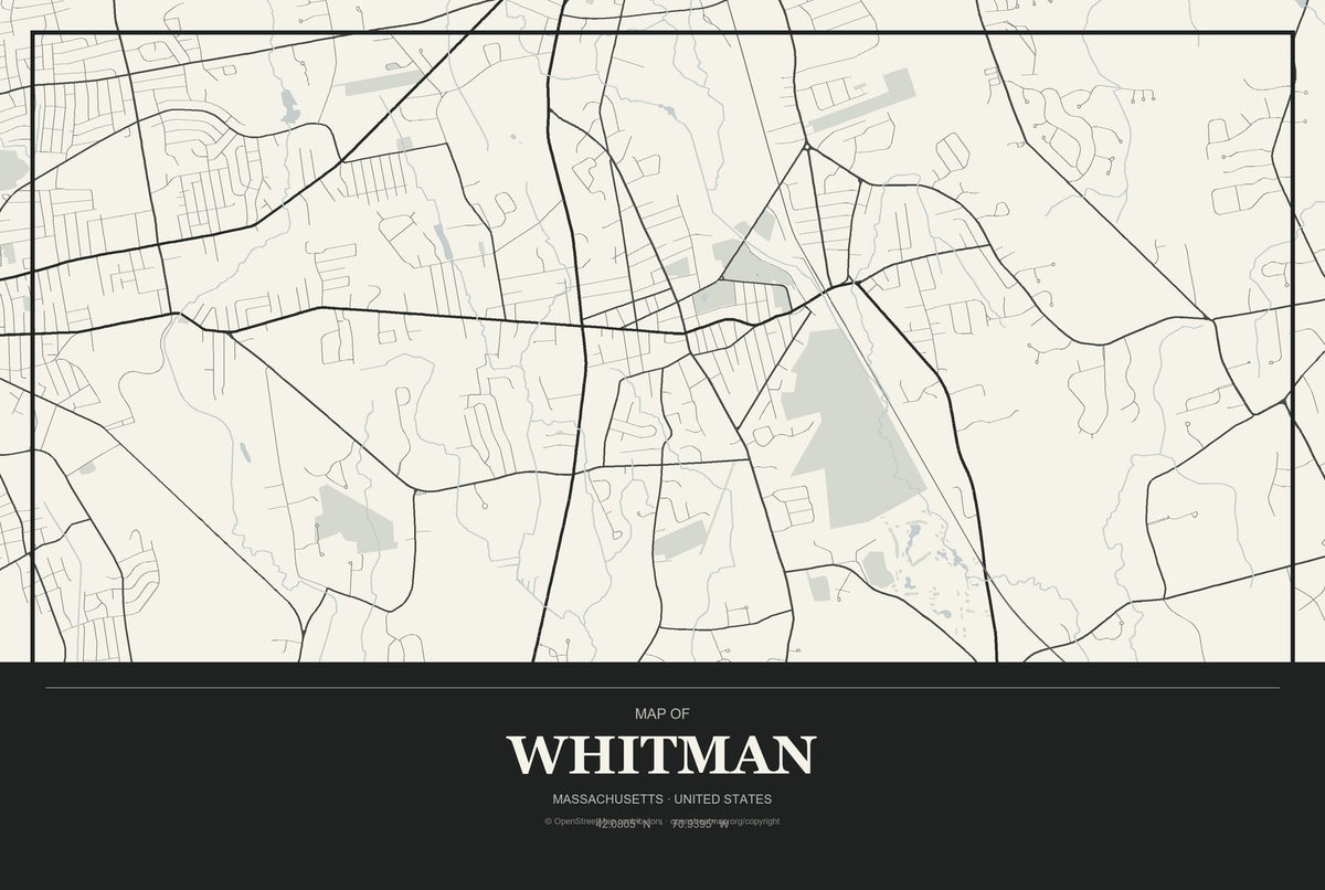 Whitman, Massachusetts City Map Aluminum Sign in Museum Plaque style