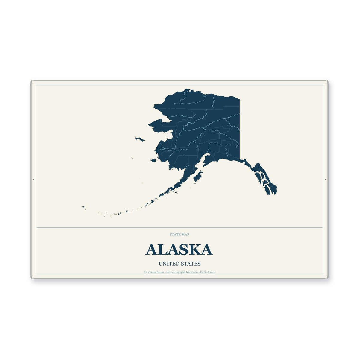 Alaska state map aluminum sign in Coastal Cutout style