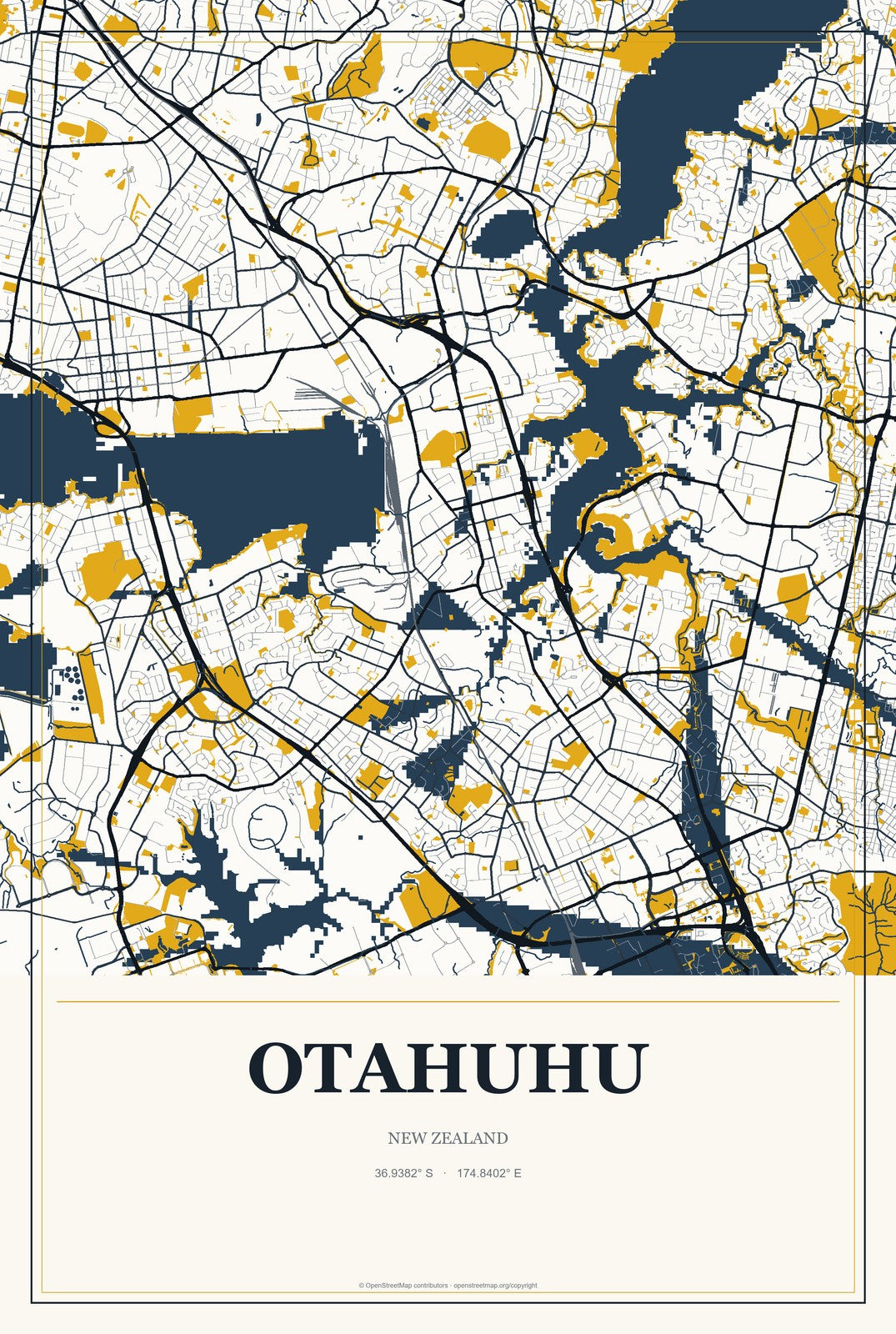 Otahuhu, New Zealand City Map Aluminum Sign in Citrine Modern style