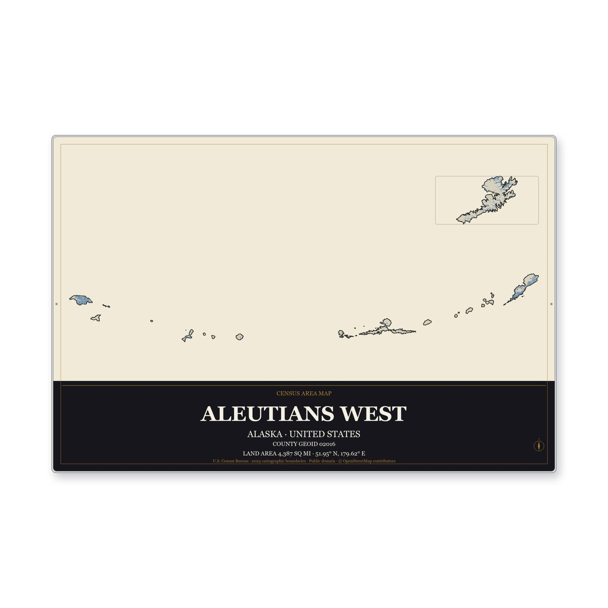 Aleutians West Census Area, Alaska Map Aluminum Sign in Museum Plaque style