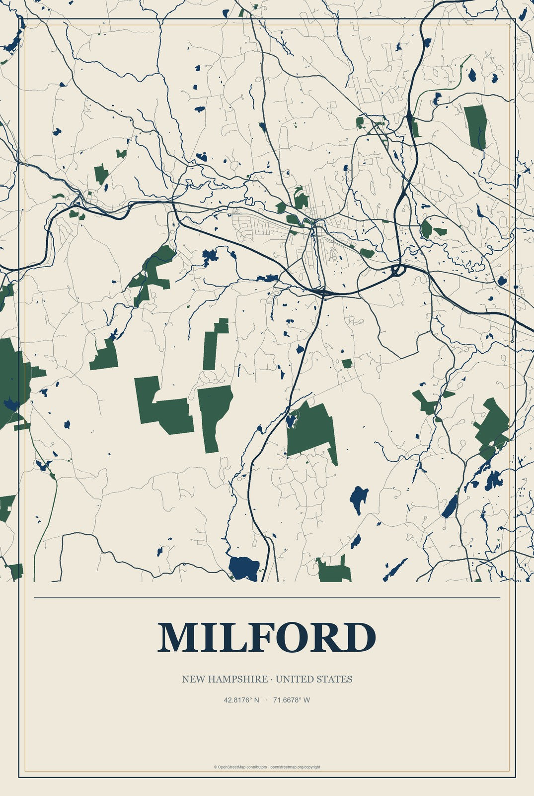 Milford, New Hampshire City Map Aluminum Sign in Coastal Cutout style