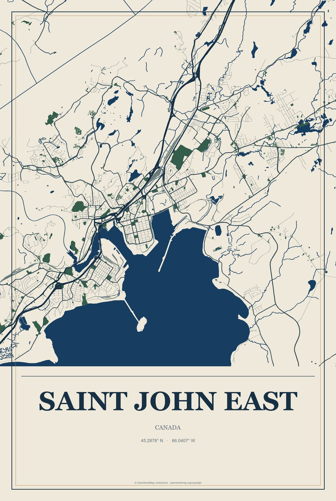 Saint John East, Canada City Map Aluminum Sign in Coastal Cutout style