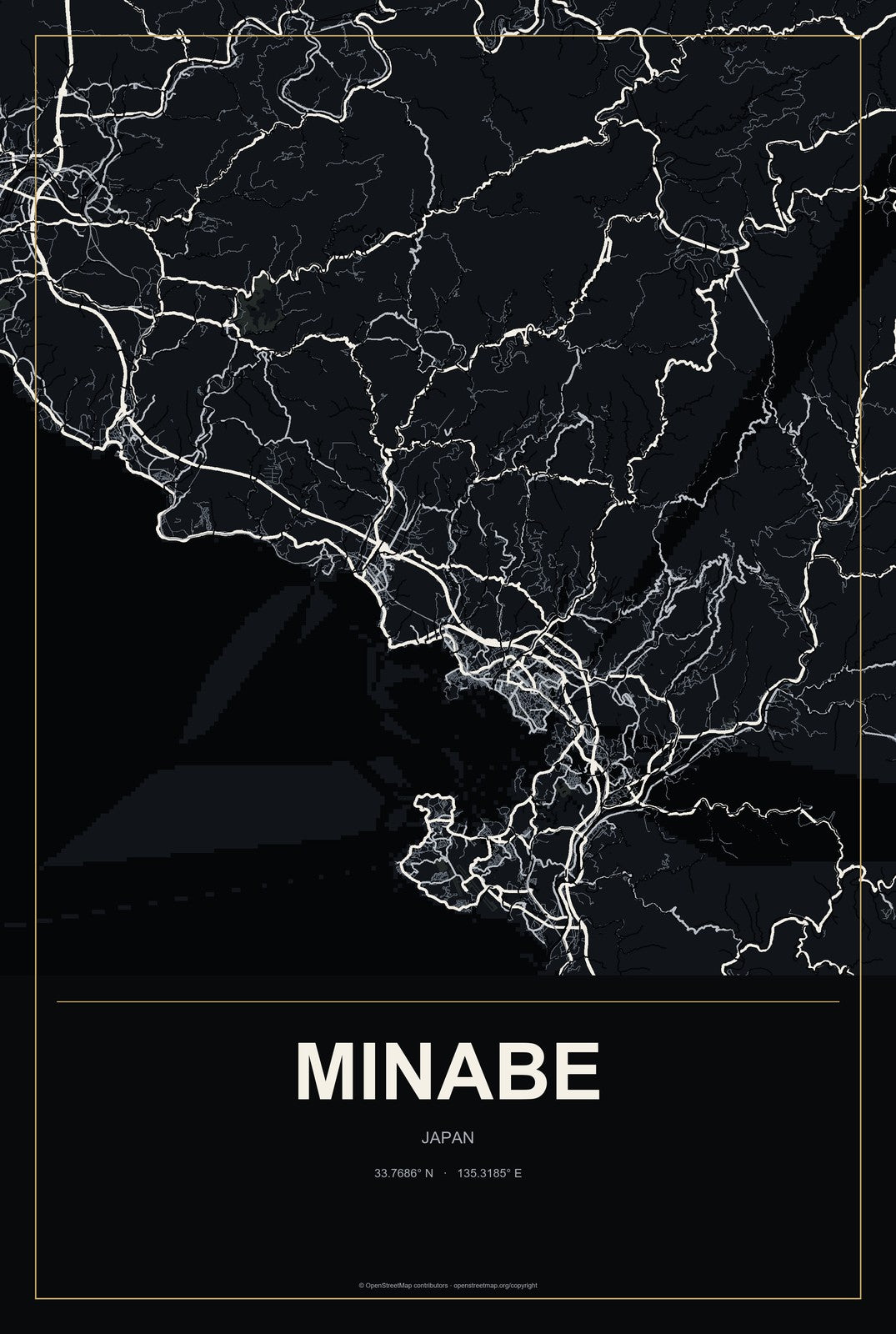 Minabe, Japan City Map Aluminum Sign in Metropolitan Noir style