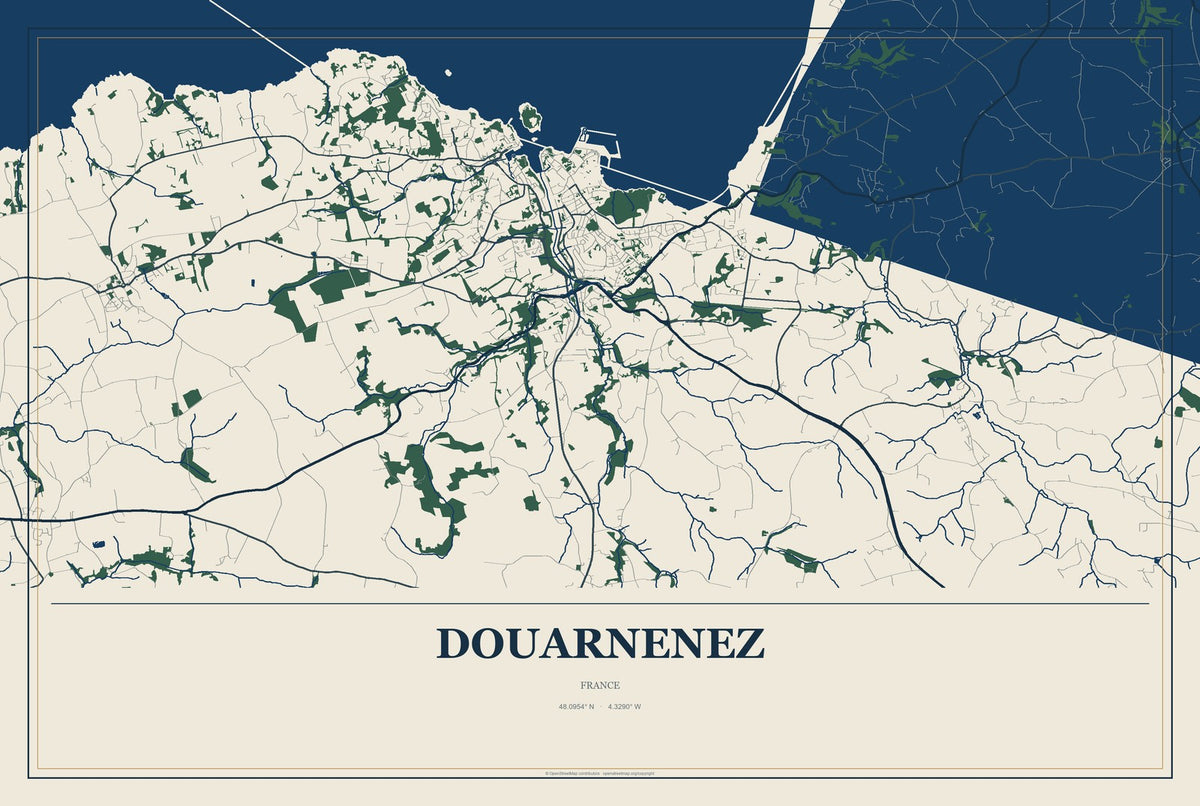 Douarnenez, France City Map Aluminum Sign in Coastal Cutout style