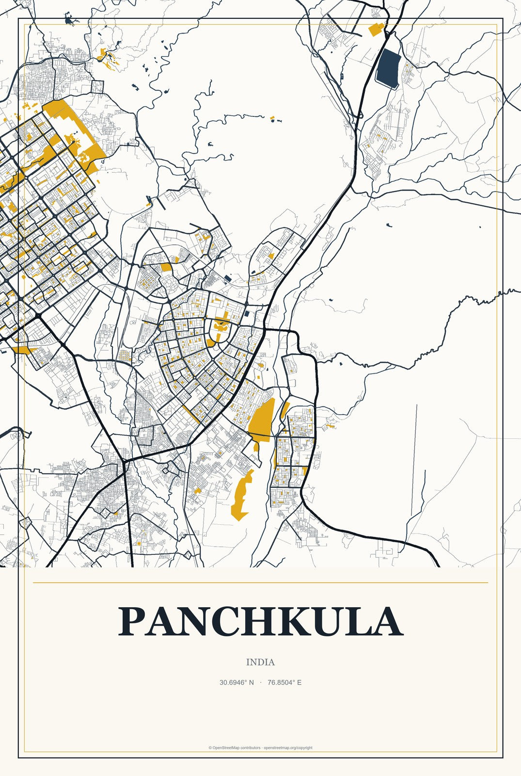 Panchkula, India City Map Aluminum Sign in Citrine Modern style