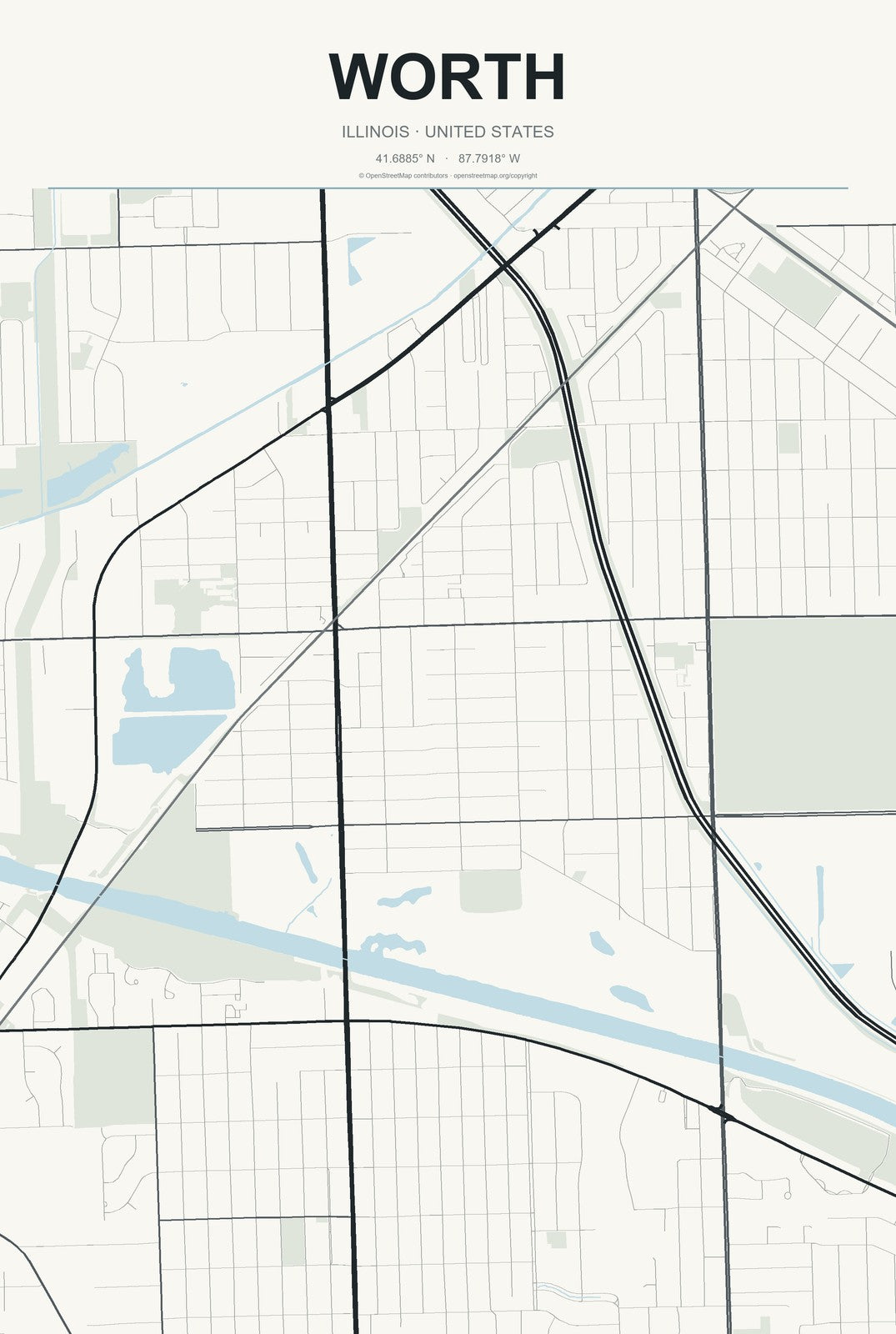 Worth, Illinois City Map Aluminum Sign in Headline Atlas style