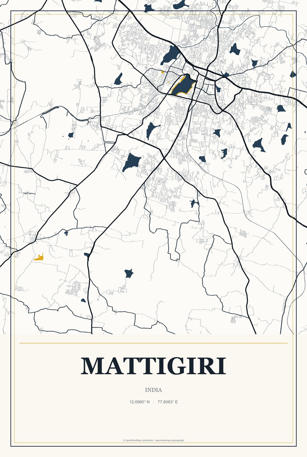 Mattigiri, India City Map Aluminum Sign in Citrine Modern style