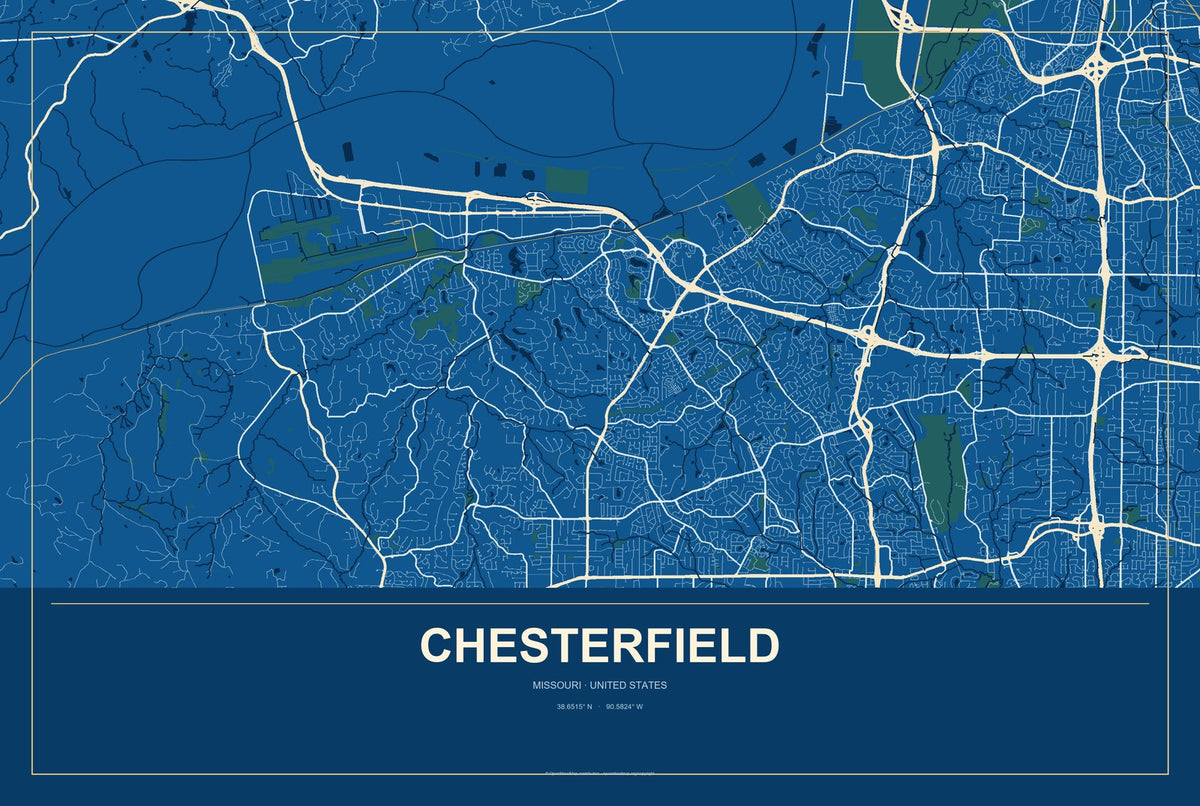 Chesterfield, Missouri City Map Aluminum Sign in Harbor Cobalt style