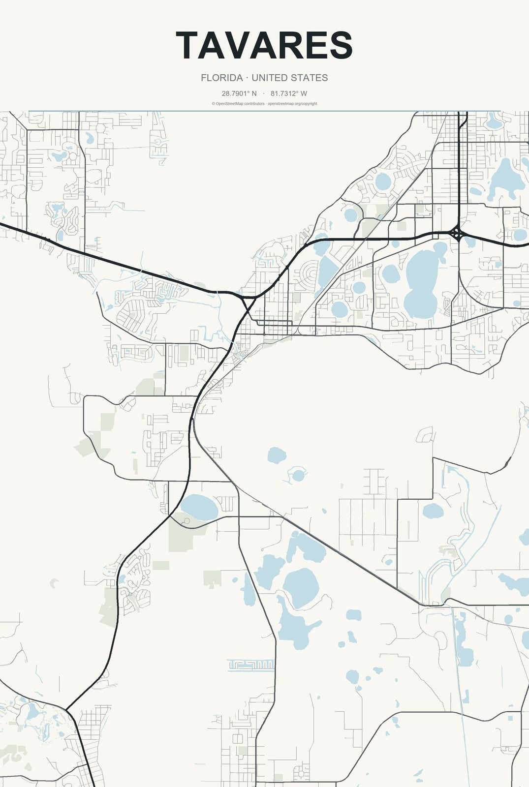 Tavares, Florida City Map Aluminum Sign in Headline Atlas style