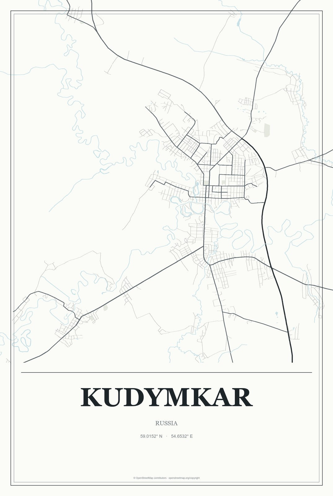 Kudymkar, Russia City Map Aluminum Sign in Gallery Air style