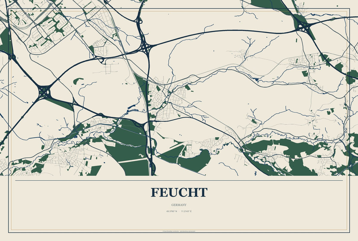 Feucht, Germany City Map Aluminum Sign in Coastal Cutout style