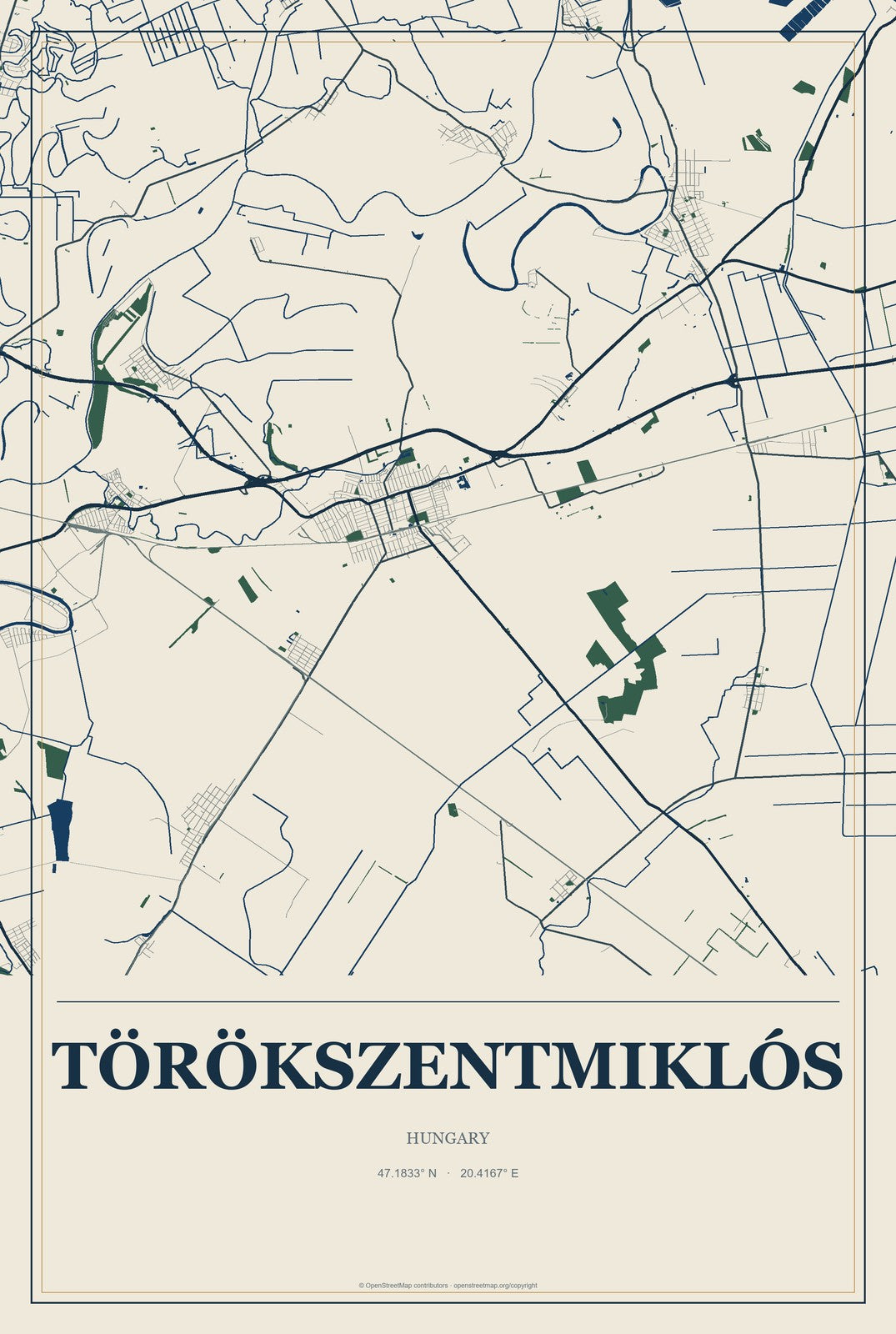 Törökszentmiklós, Hungary City Map Aluminum Sign in Coastal Cutout style