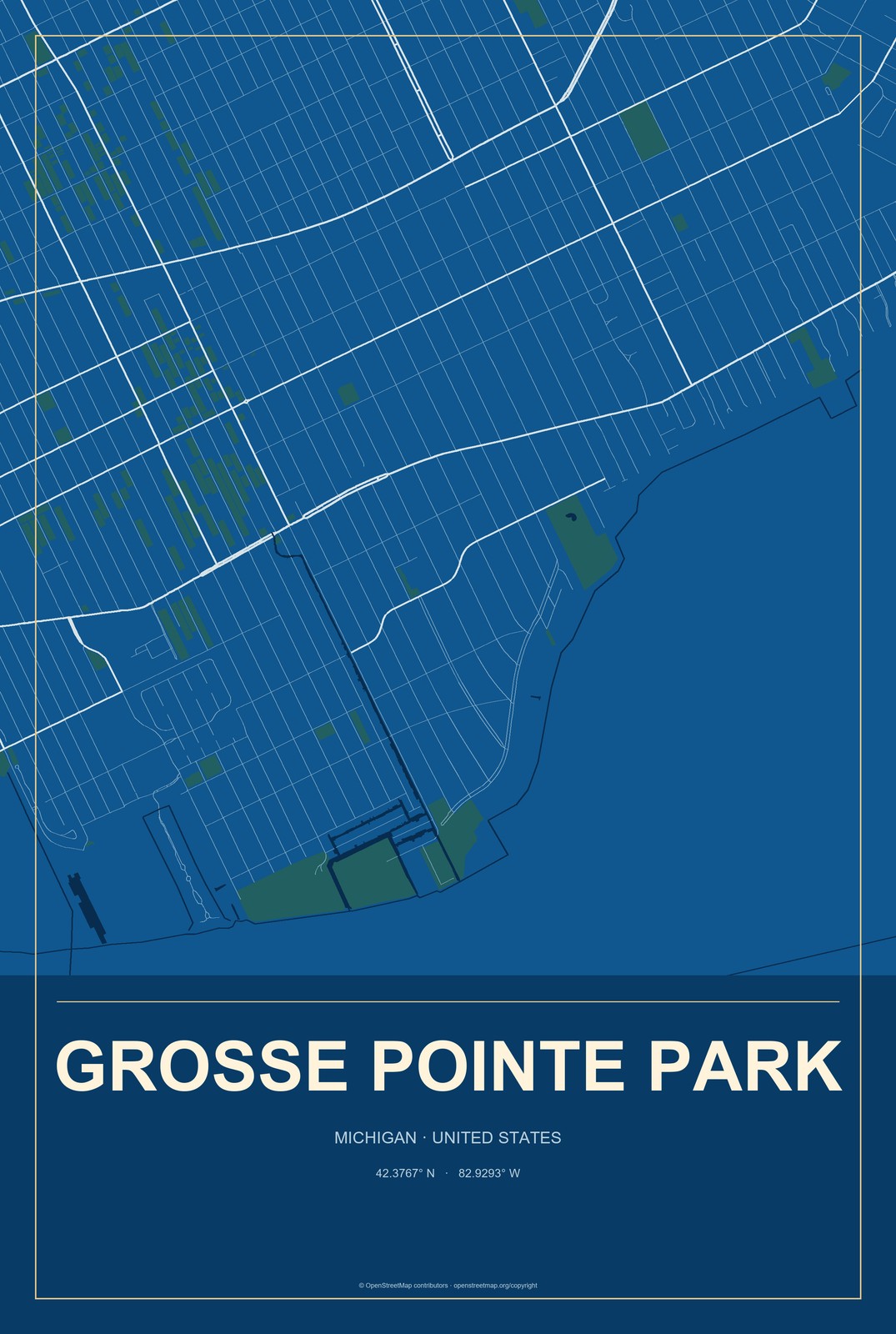 Grosse Pointe Park, Michigan City Map Aluminum Sign in Harbor Cobalt style