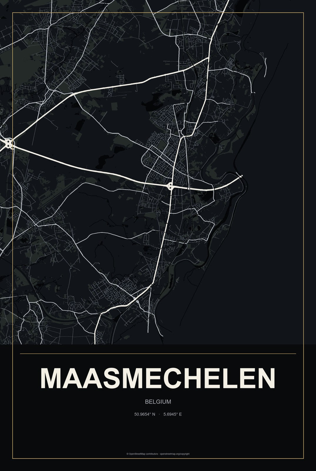 Maasmechelen, Belgium City Map Aluminum Sign in Metropolitan Noir style