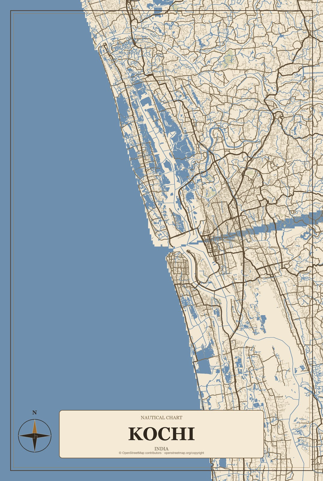Kochi, India City Map Aluminum Sign in Heritage Nautical style