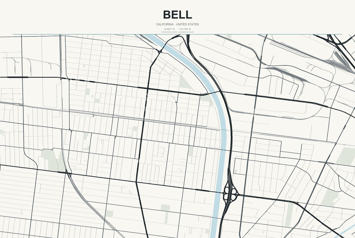 Bell, California City Map Aluminum Sign in Headline Atlas style