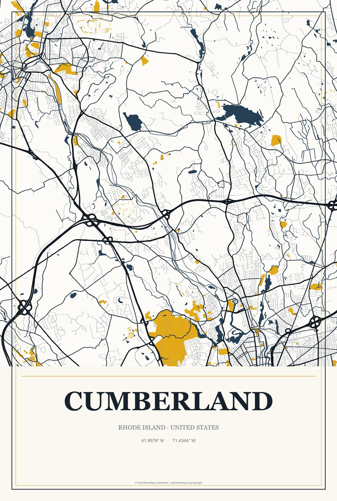 Cumberland, Rhode Island City Map Aluminum Sign in Citrine Modern style