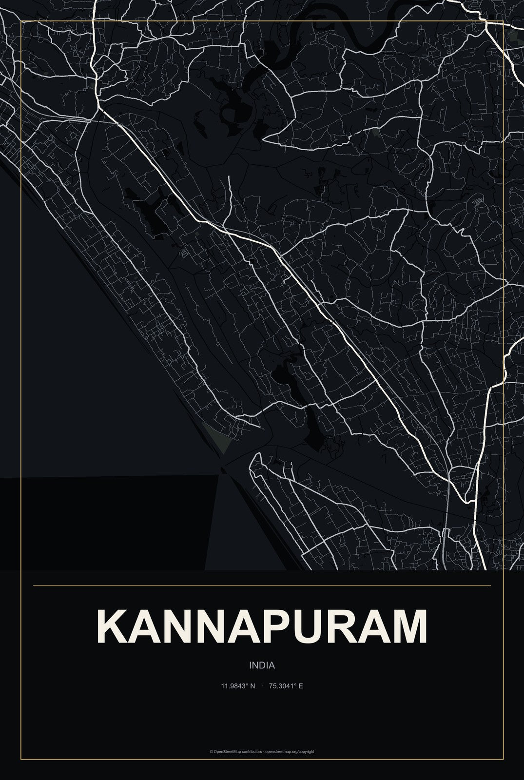 Kannapuram, India City Map Aluminum Sign in Metropolitan Noir style