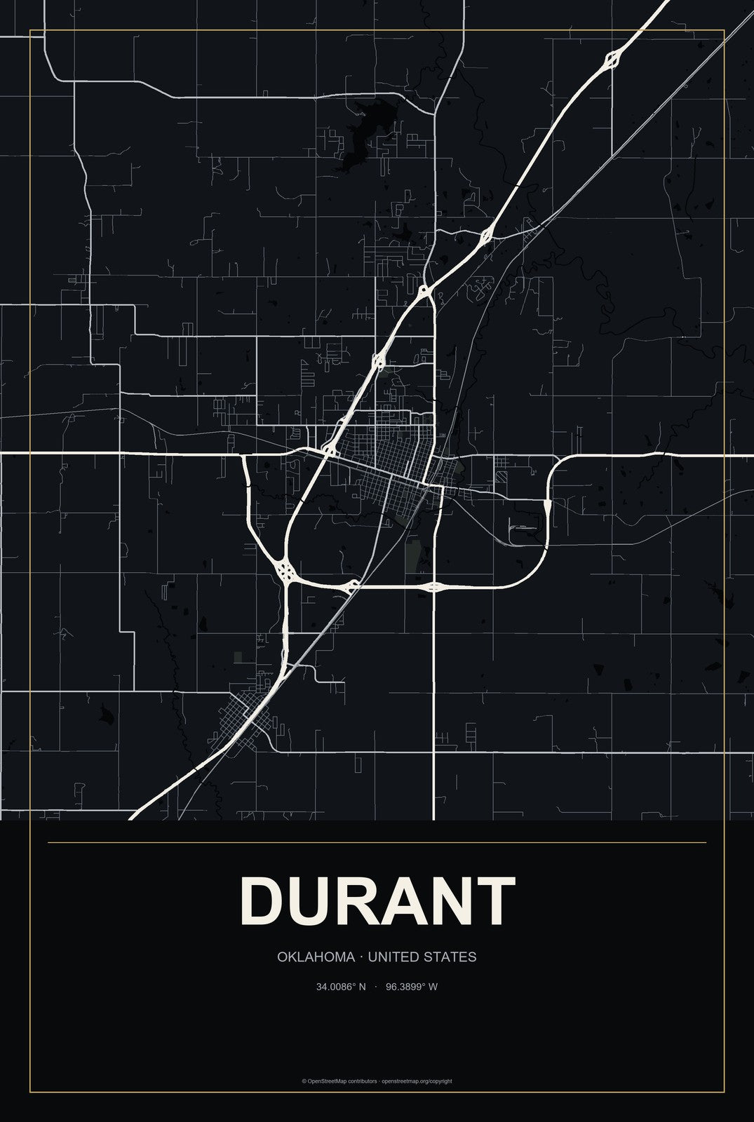 Durant, Oklahoma City Map Aluminum Sign in Metropolitan Noir style