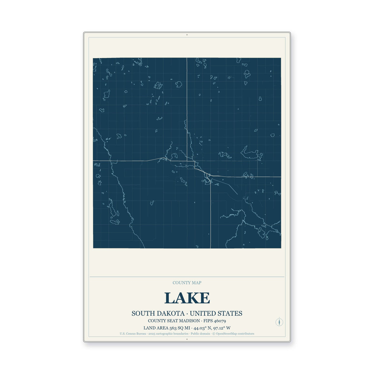 Lake County, South Dakota Map Aluminum Sign in Coastal Cutout style