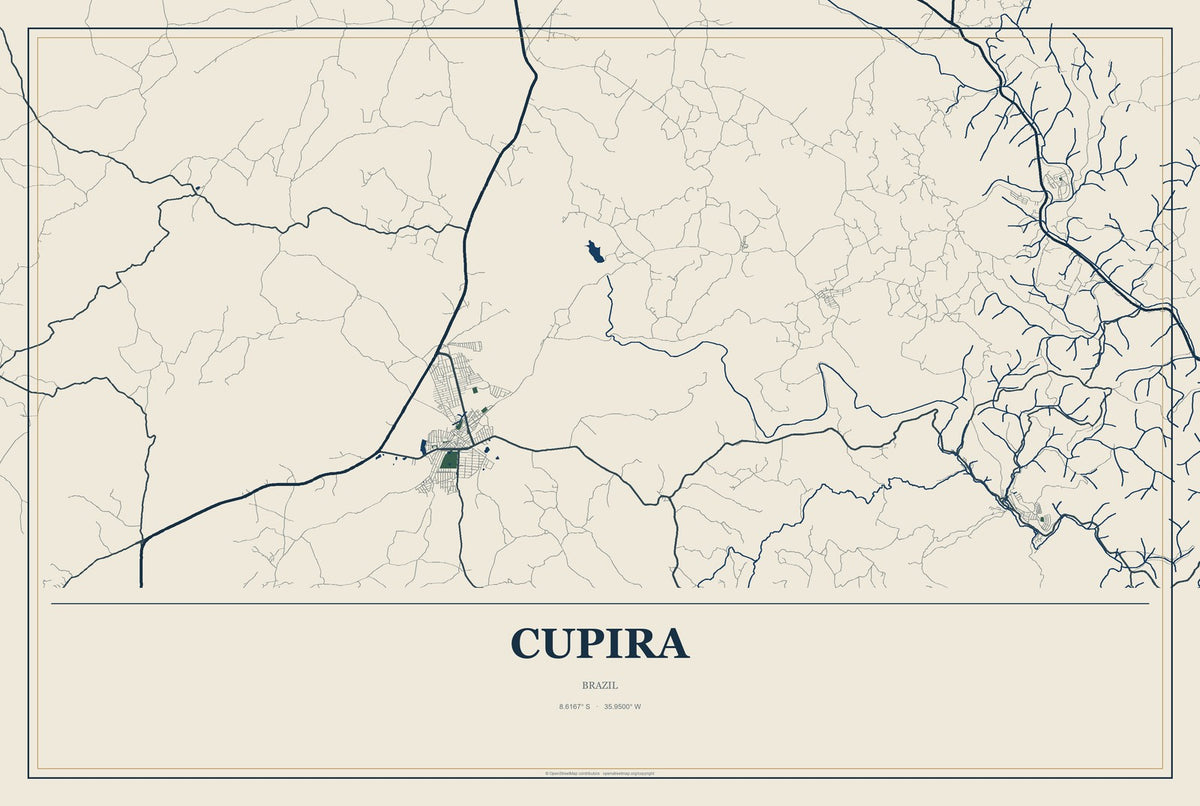 Cupira, Brazil City Map Aluminum Sign in Coastal Cutout style