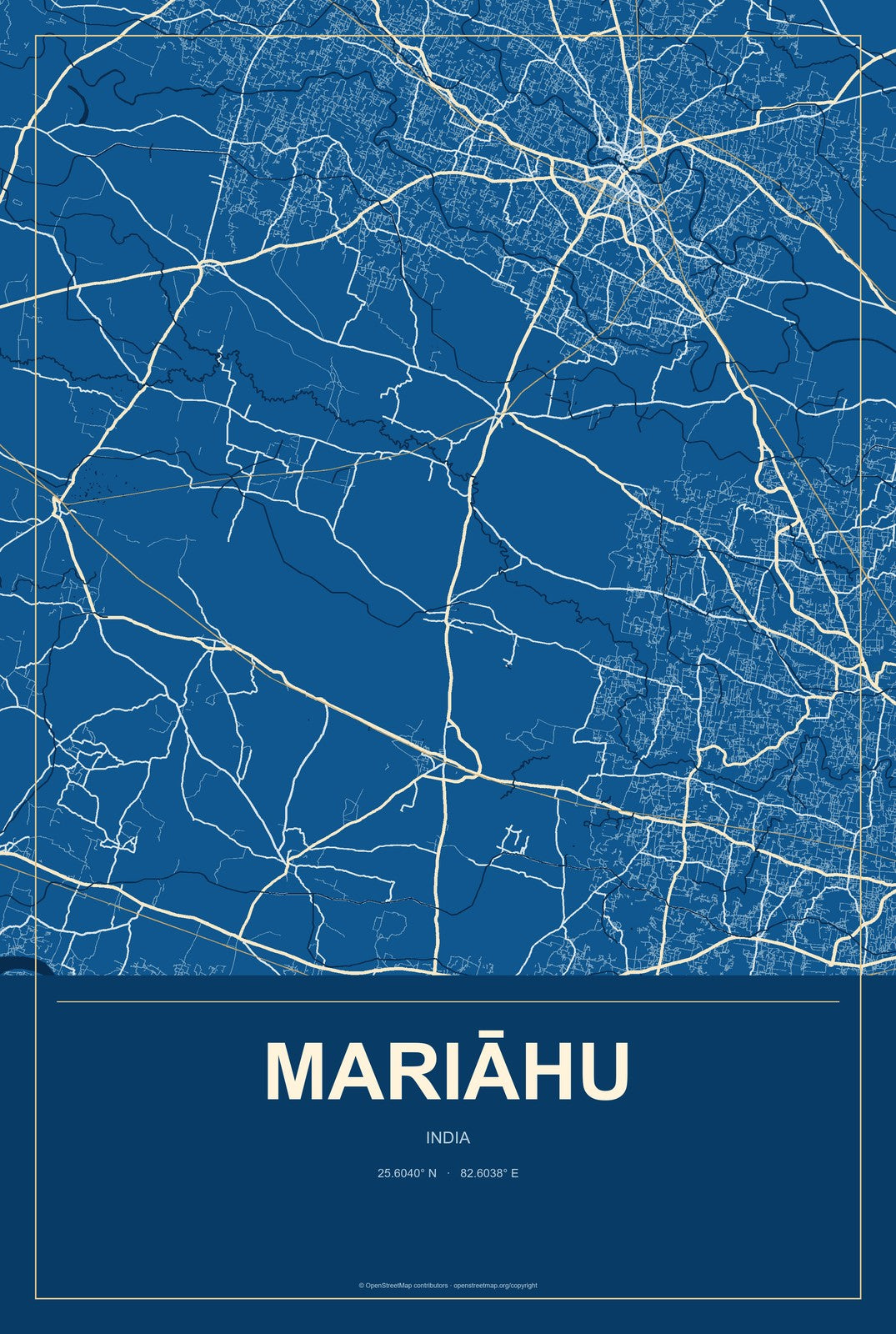 Mariāhu, India City Map Aluminum Sign in Harbor Cobalt style