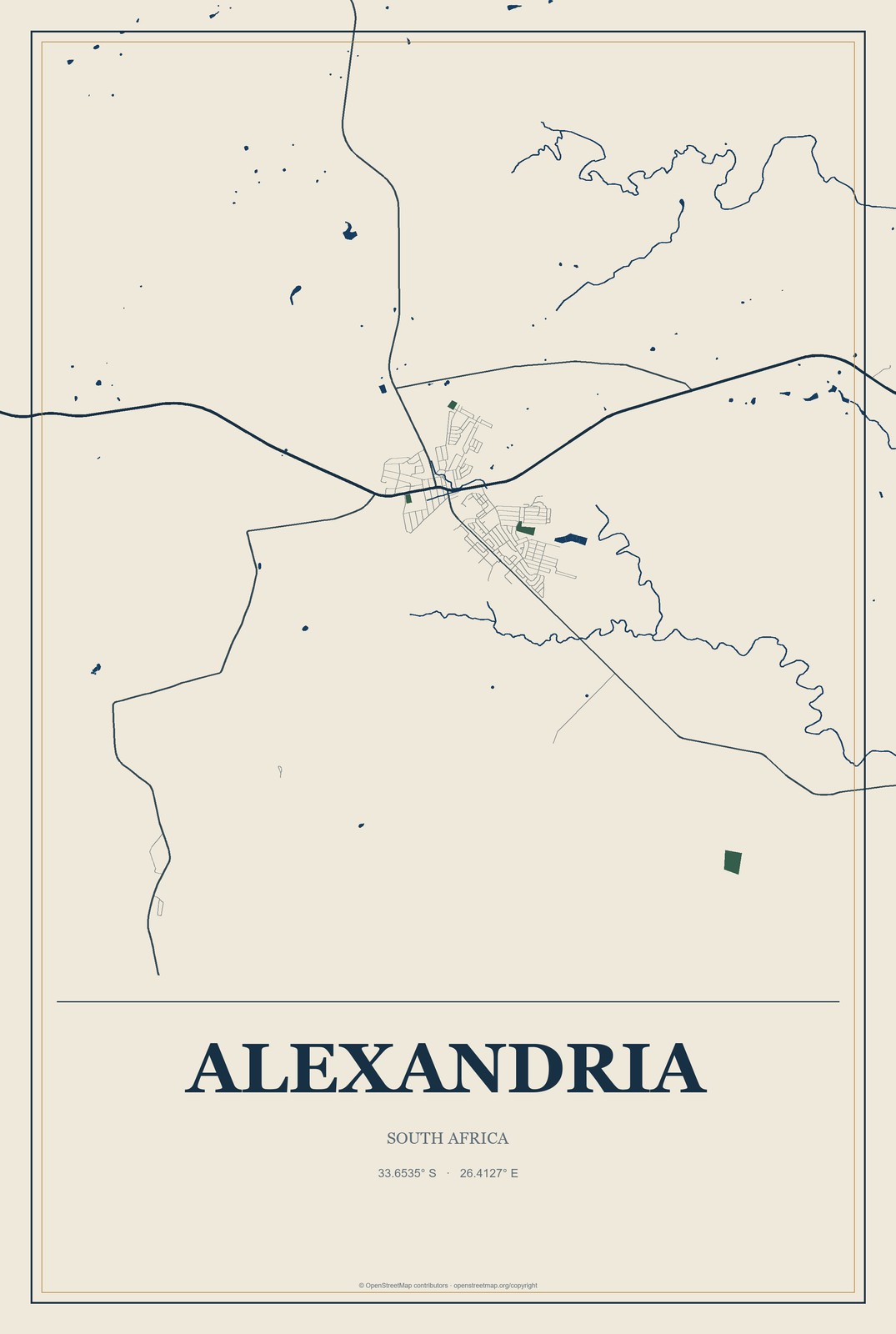 Alexandria, South Africa City Map Aluminum Sign in Coastal Cutout style