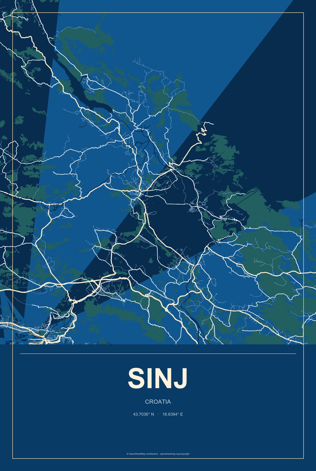 Sinj, Croatia City Map Aluminum Sign in Harbor Cobalt style