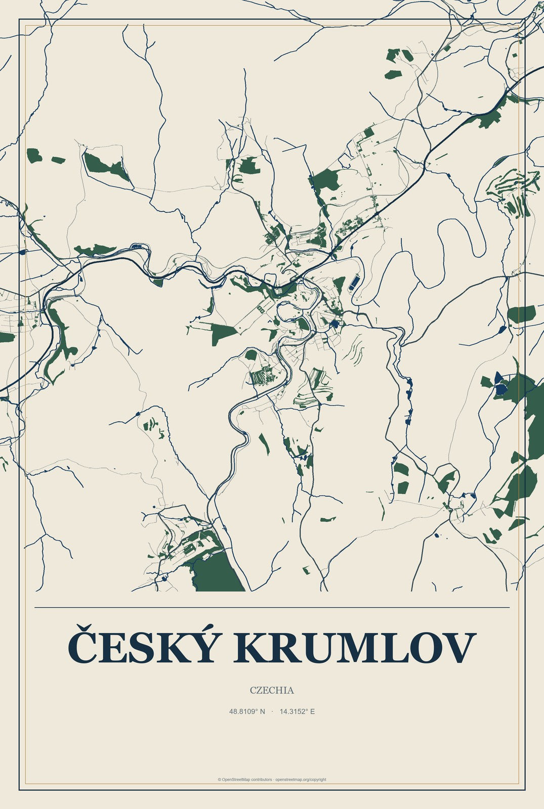 Český Krumlov, Czechia City Map Aluminum Sign in Coastal Cutout style