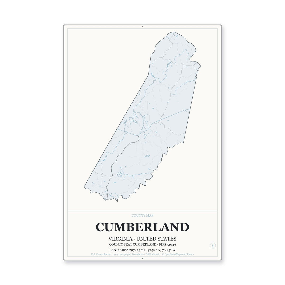 Cumberland County, Virginia Map Aluminum Sign in Gallery Air style