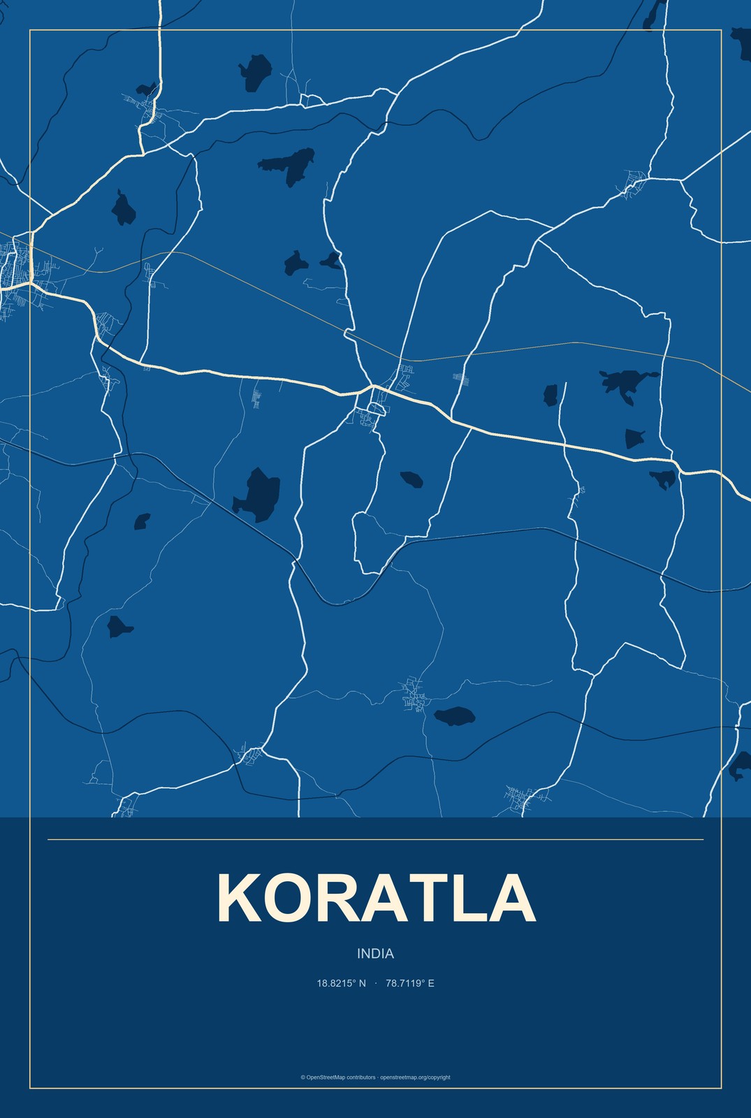 Koratla, India City Map Aluminum Sign in Harbor Cobalt style
