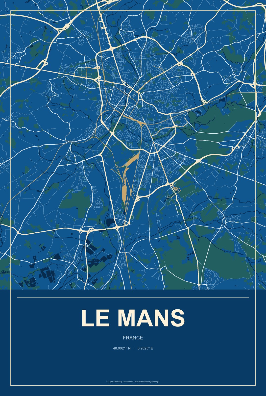 Le Mans, France City Map Aluminum Sign in Harbor Cobalt style