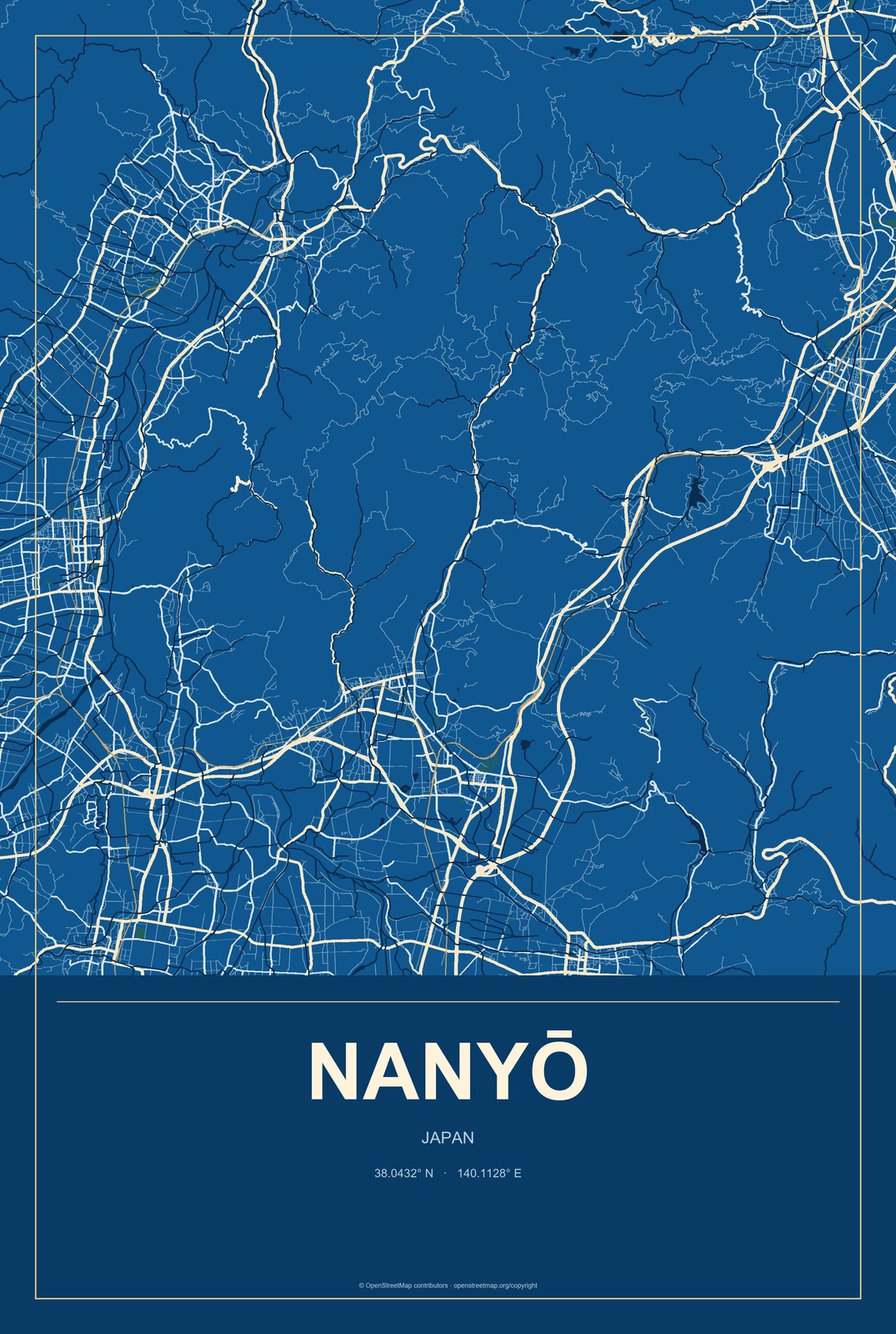 Nanyō, Japan City Map Aluminum Sign in Harbor Cobalt style