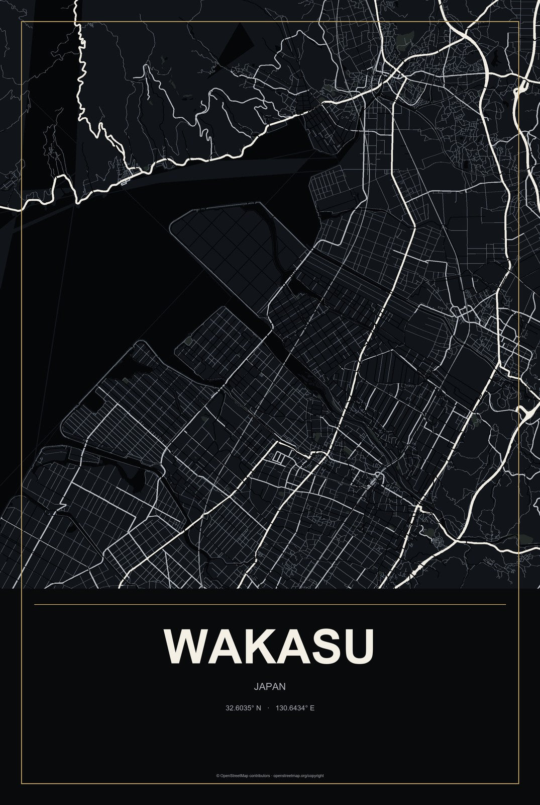 Wakasu, Japan City Map Aluminum Sign in Metropolitan Noir style