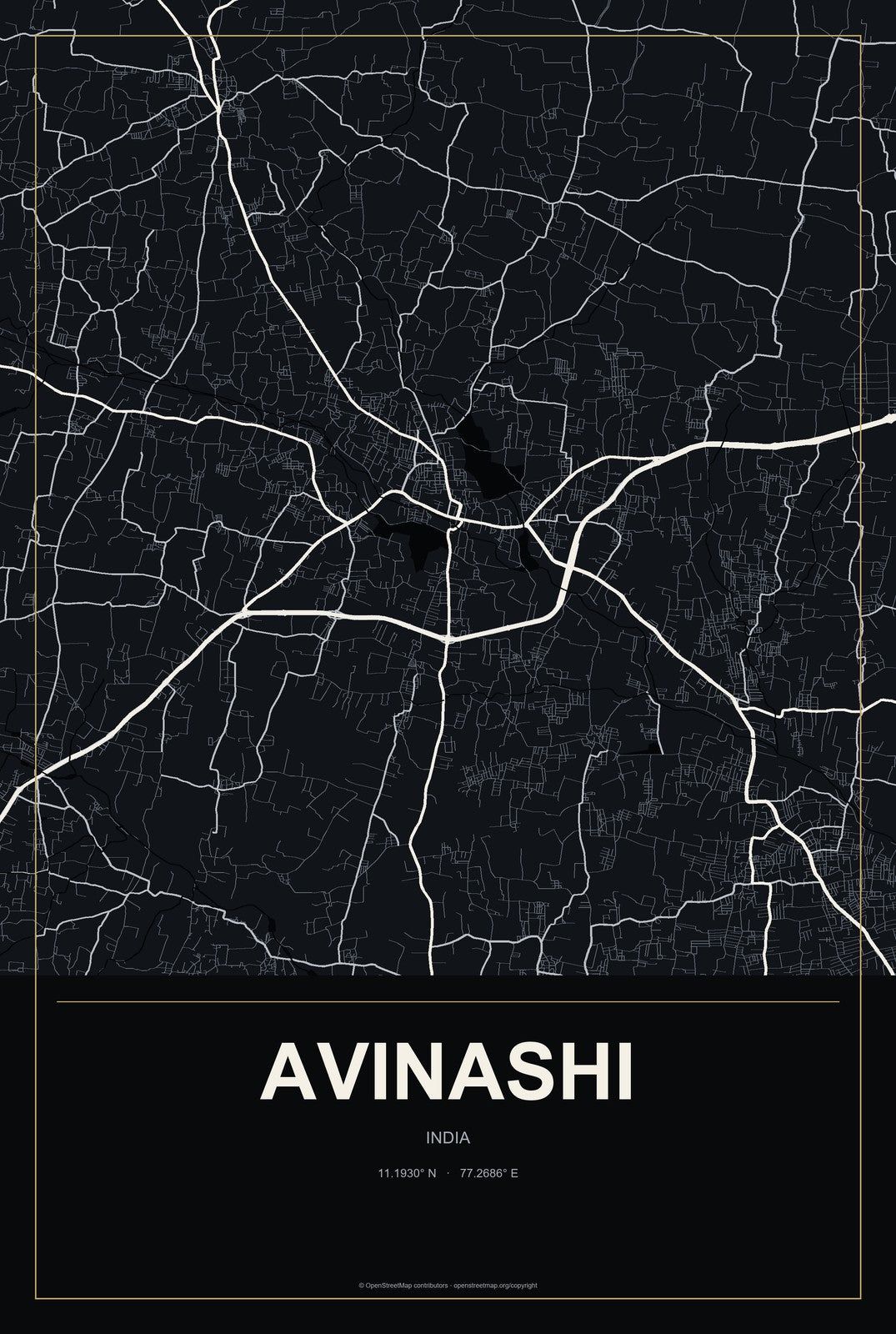 Avinashi, India City Map Aluminum Sign in Metropolitan Noir style