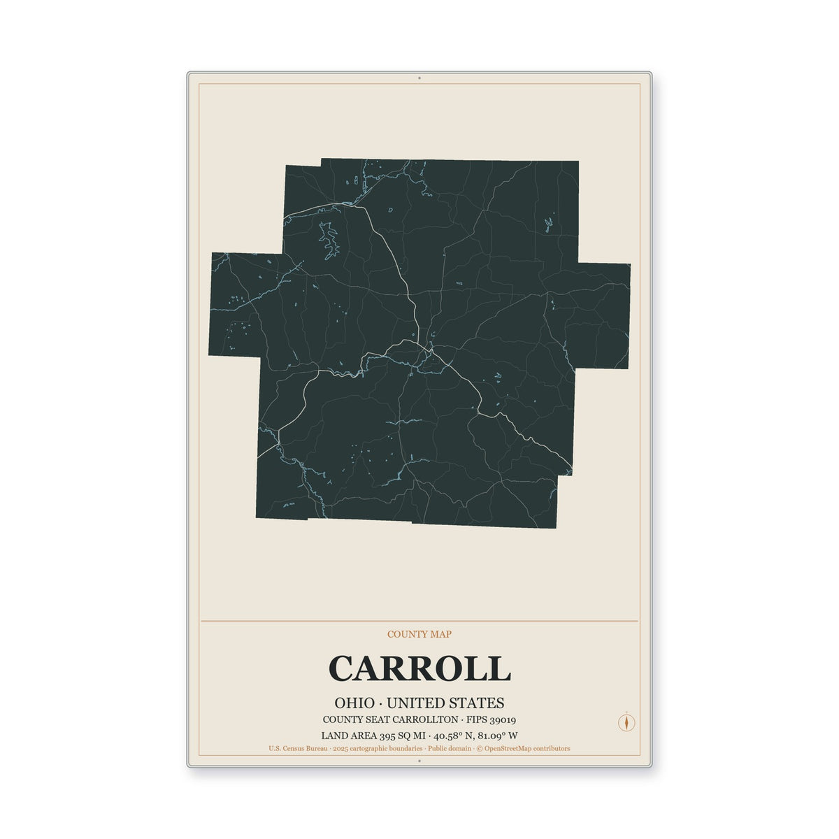 Carroll County, Ohio Map Aluminum Sign in Headline Atlas style