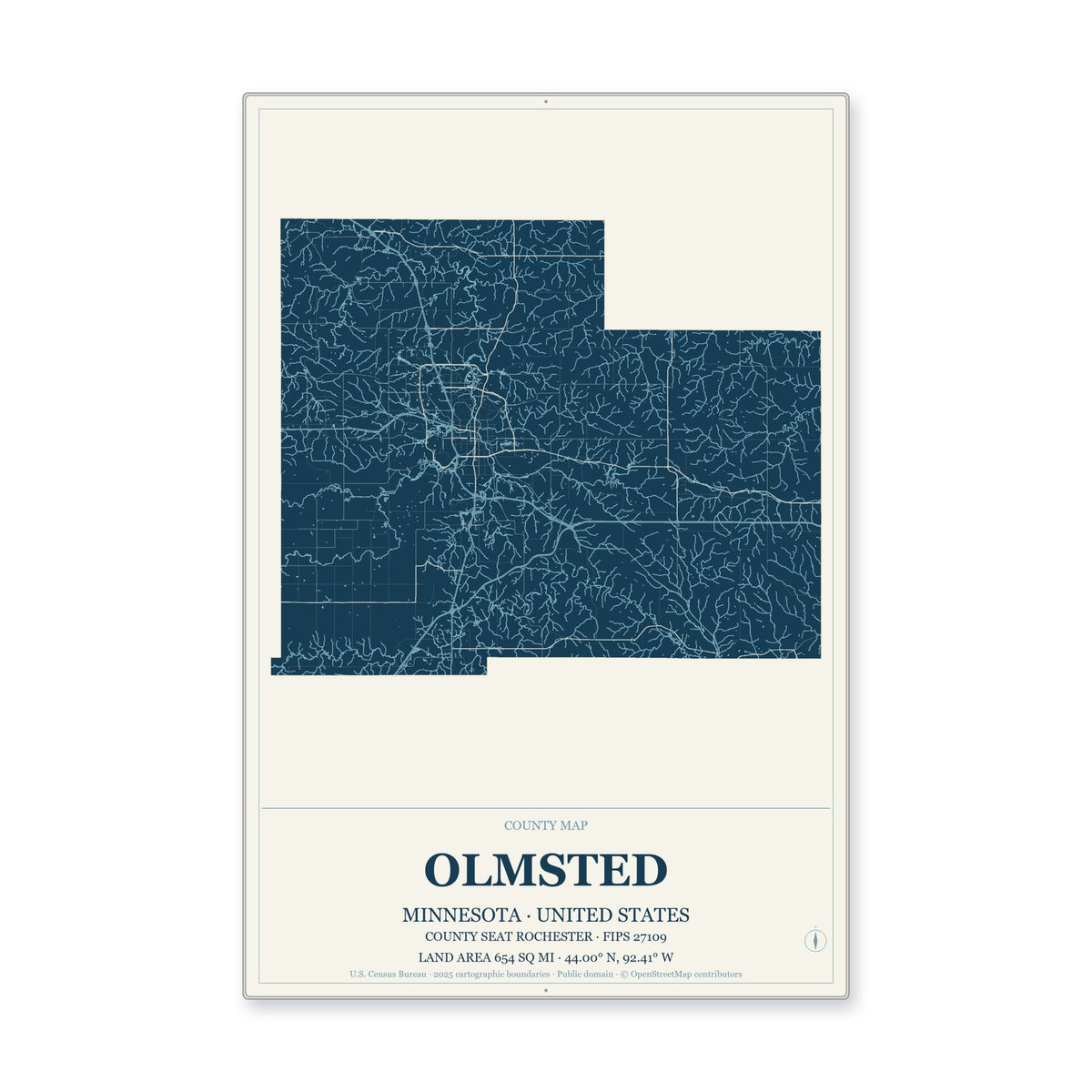 Olmsted County, Minnesota Map Aluminum Sign in Coastal Cutout style