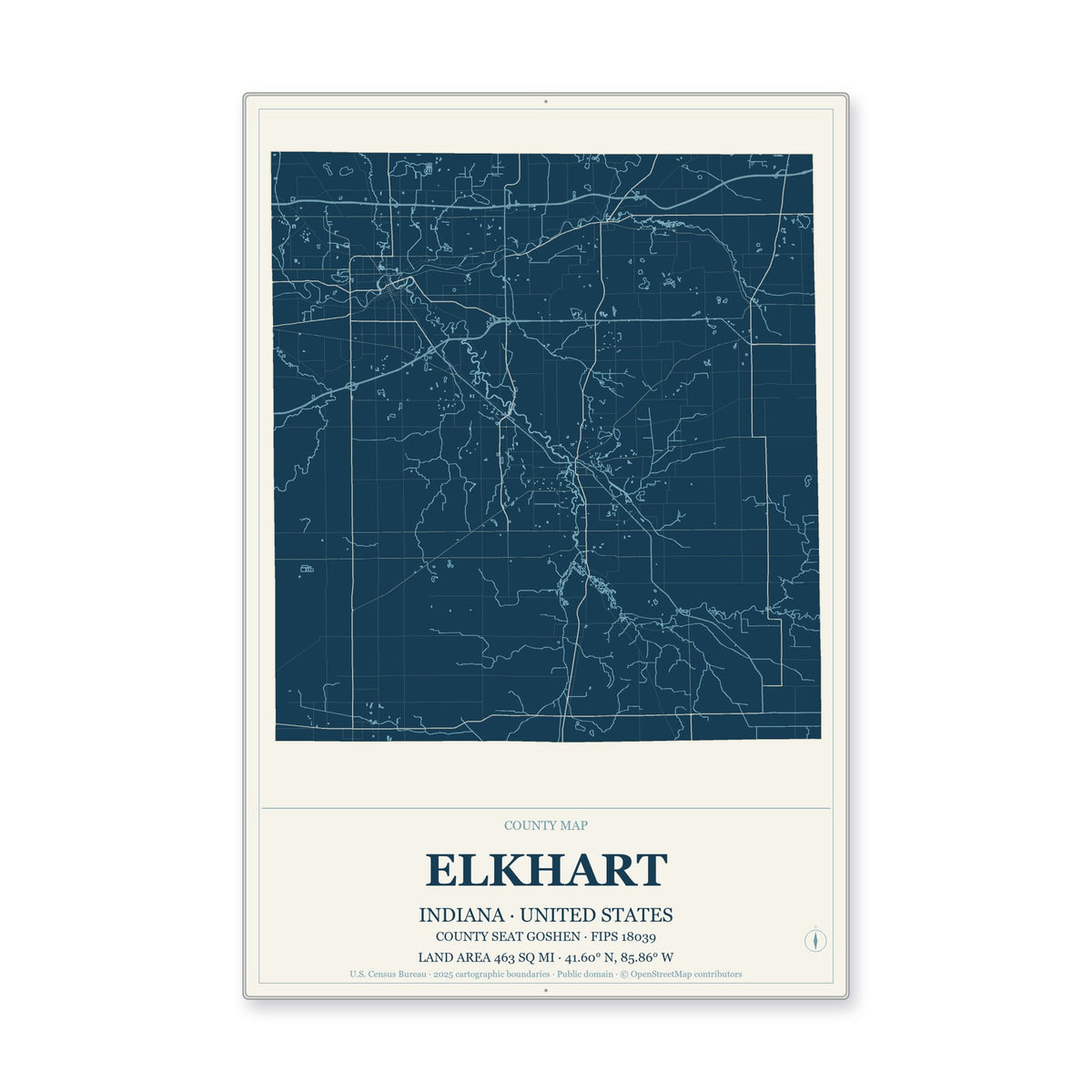 Elkhart County, Indiana Map Aluminum Sign in Coastal Cutout style