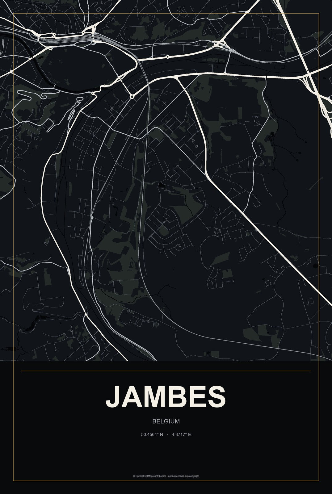Jambes, Belgium City Map Aluminum Sign in Metropolitan Noir style