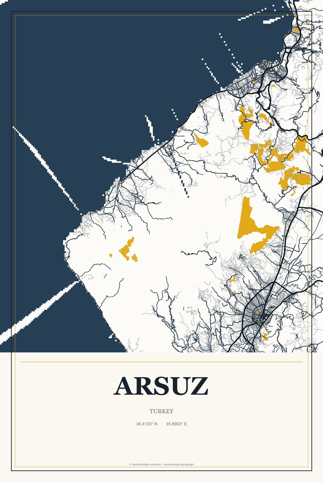 Arsuz, Turkey City Map Aluminum Sign in Citrine Modern style