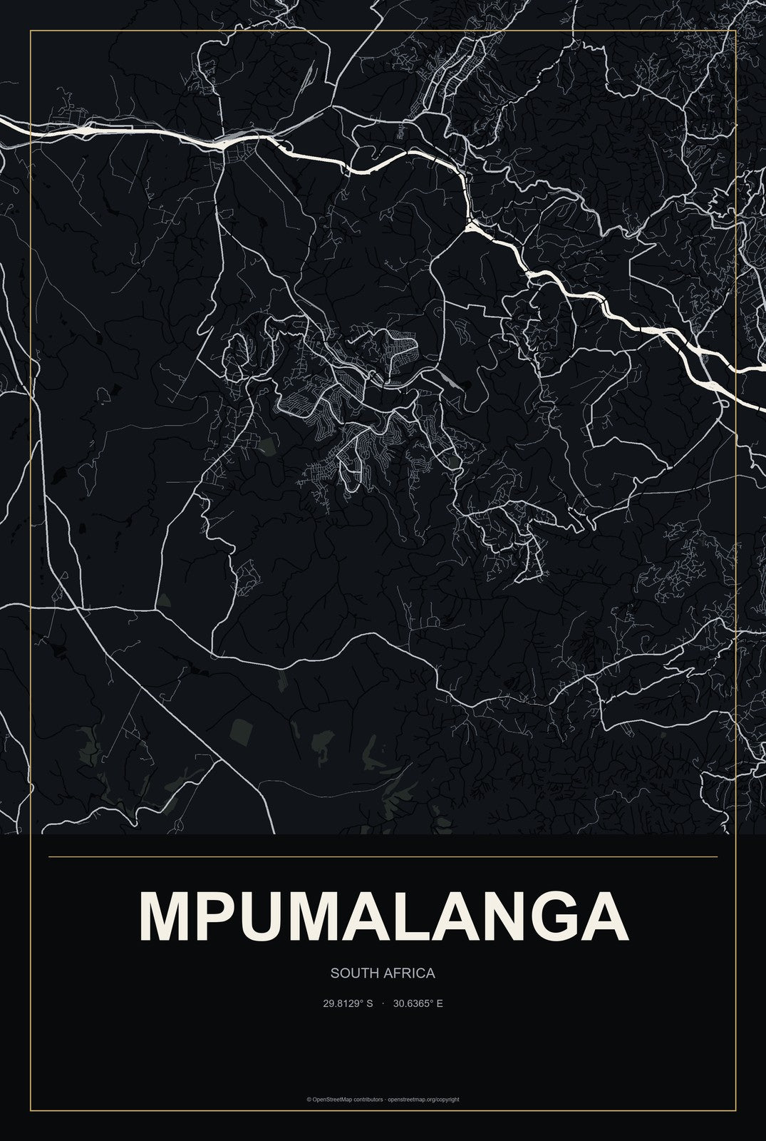 Mpumalanga, South Africa City Map Aluminum Sign in Metropolitan Noir style