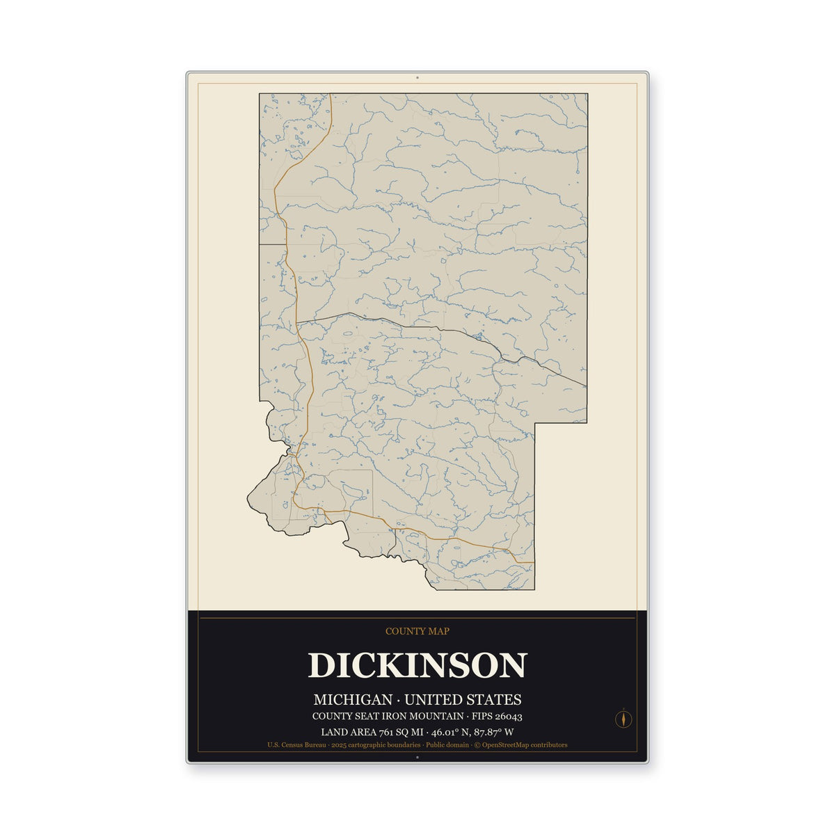 Dickinson County, Michigan Map Aluminum Sign in Museum Plaque style