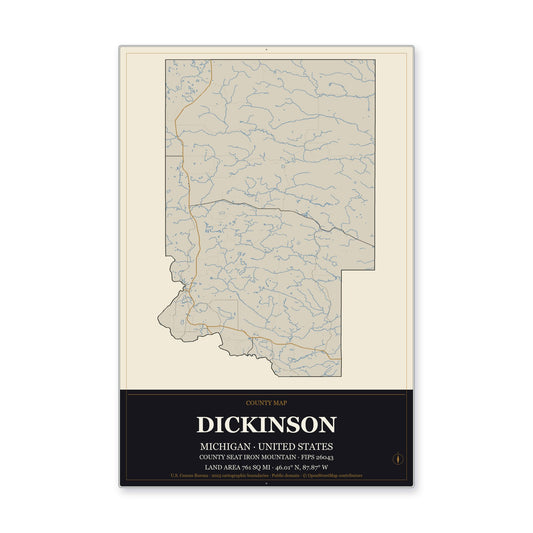 Dickinson County, Michigan Map Aluminum Sign in Museum Plaque style