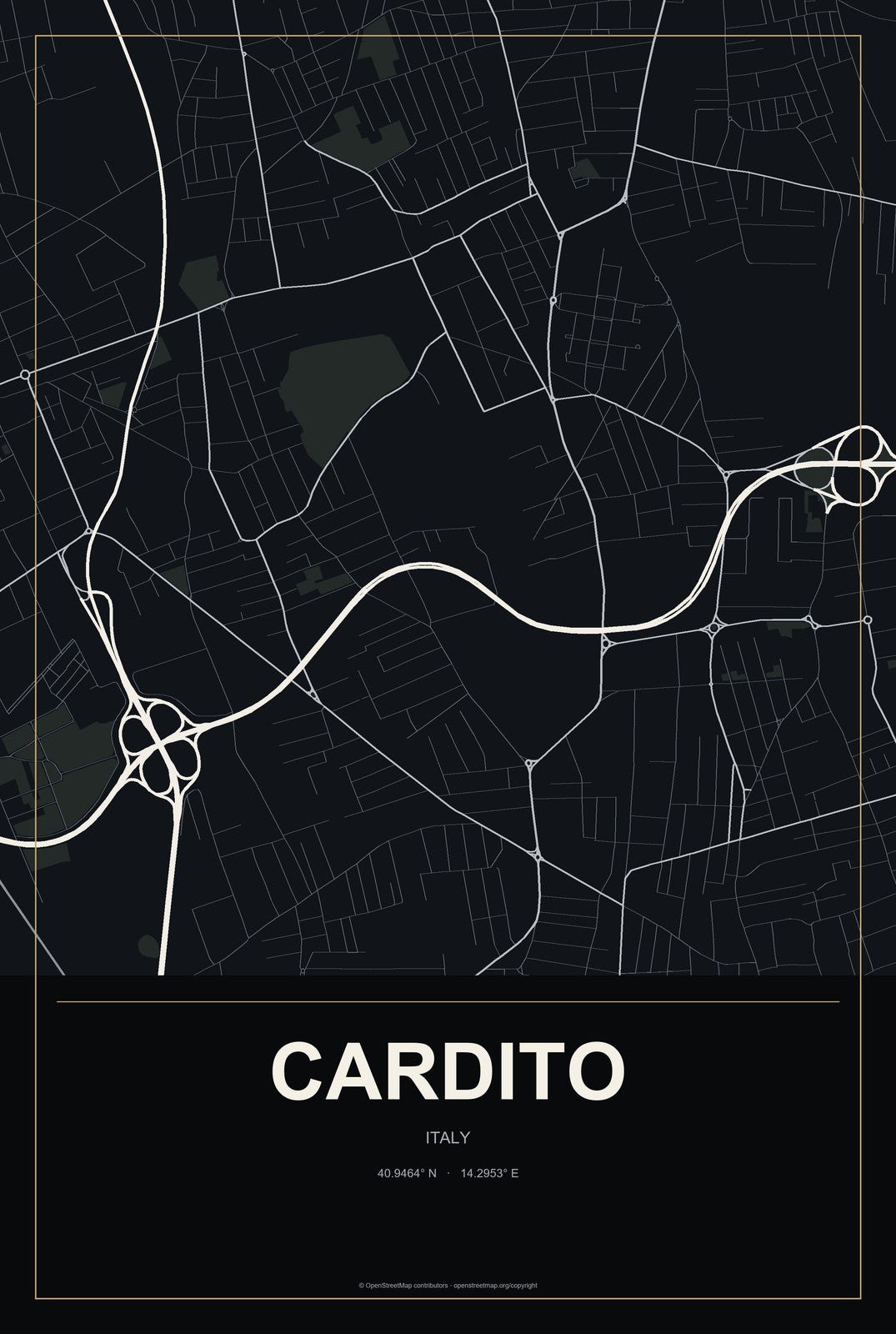 Cardito, Italy City Map Aluminum Sign in Metropolitan Noir style