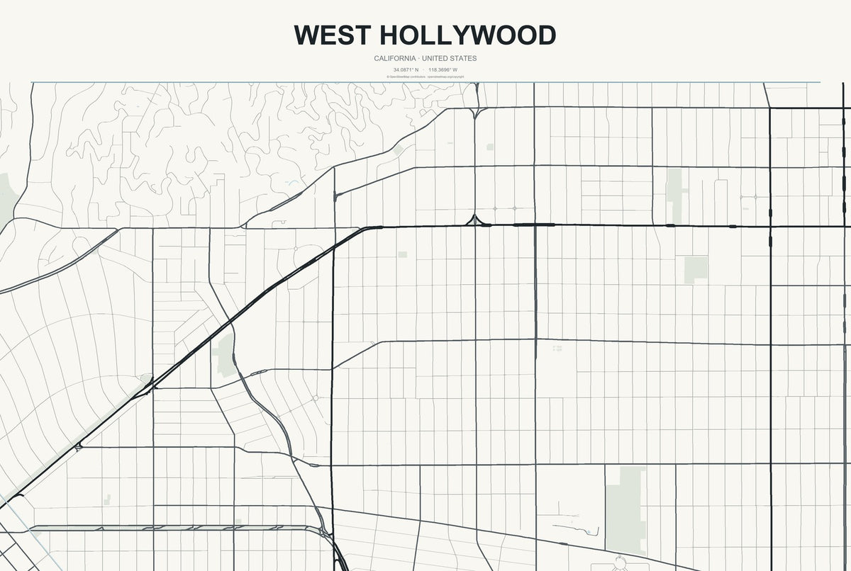 West Hollywood, California City Map Aluminum Sign in Headline Atlas style