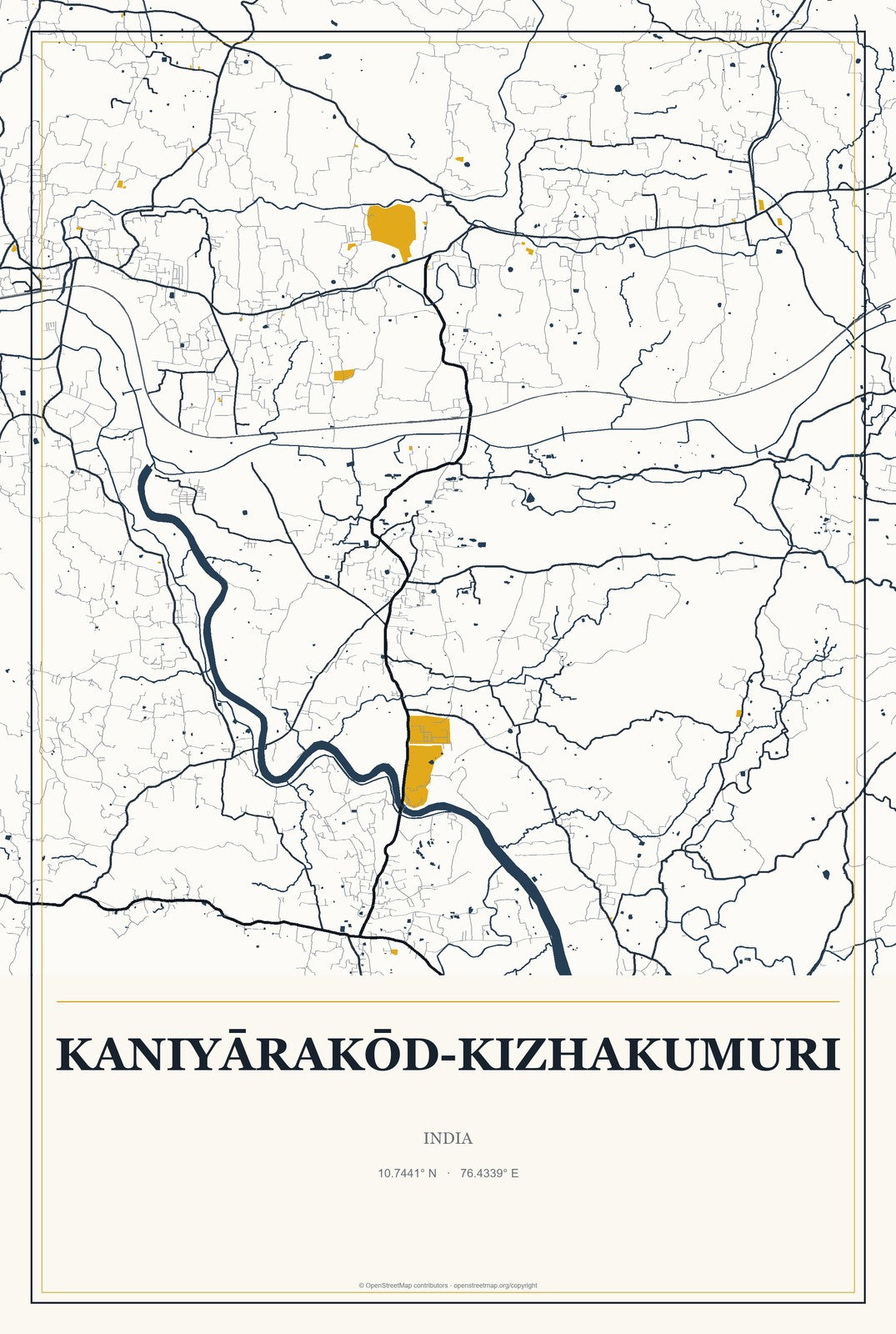 Kaniyārakōd-Kizhakumuri, India City Map Aluminum Sign in Citrine Modern style