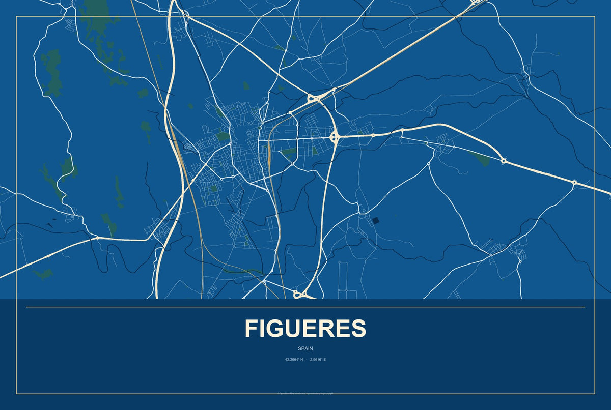 Figueres, Spain City Map Aluminum Sign in Harbor Cobalt style
